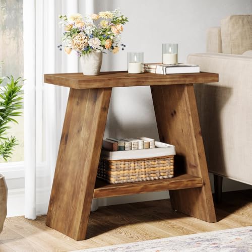 Solid Wood End Table for Living Room, Narrow Small Side Table with 2-Tier Storage, Farmhouse Bedside Nightstand for Bedroom, Small Places, Rustic Brown (1PCS) - color: Rustic Brown
