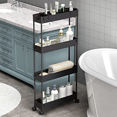 SPACELEAD Slim Storage Cart 4 Tier,Bathroom Organizer Rolling Utility,Mobile Shelving Unit Slide Out for Office, Kitchen, Laundry Room & Narrow Places,Black - color: Black