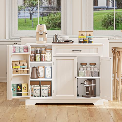 Gizoon Kitchen Coffee Bar Cabinet with Storage Kitchen Sideboard Buffet Cabinet with Drawers, Short Pantry with Door and Shelves for Bathroom and Living Room, White, Painted - color: White, size: 42"W (3 Doors + 1 Drawer)