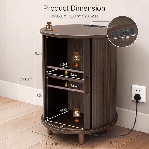 DHH Round End Table with Storage & Charging Station, Fluted Accent Side Table with Sliding Door & Adjustable Shelf, Mid-Century Nightstand for Small Spaces, Living Room, Bedroom (1,Dark Walnut) - color: Dark Walnut