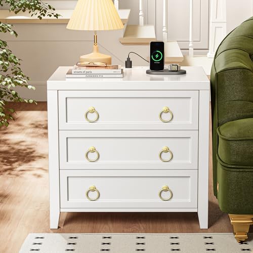 Huuger Paint Night Stand with Charger Station, 3 Drawer Nightstand Set of 2 | Larger Wider Bedside Table with USB-C Port, Modern End Table, for Bedroom, Living Room, White Nightstand - color: White