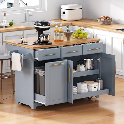 Kitchen Island with Trash Can Storage Cabinet and Power Outlet, Rolling Kitchen Cart on Wheels with Drop Leaf, Spice Rack, Towel Rack and Adjustable Shelf for Dining Room (60", Grey Blue) - color: Grey Blue