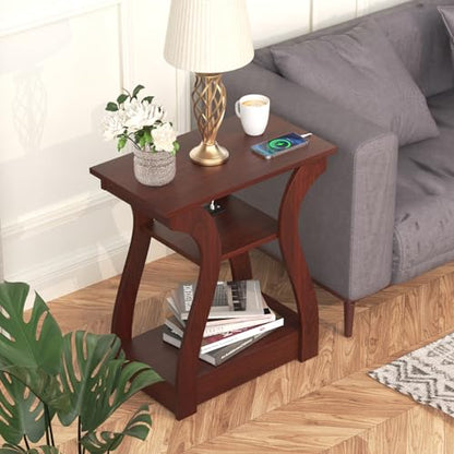 FROMJBEST End Tables Living Room, Cherry End Table with Charging Station | Side Table Living Room, with USB Ports and Outlets, Nightstand for Bedroom, 3-Tier Storage Shelf, Bedside Table - color: Cherry
