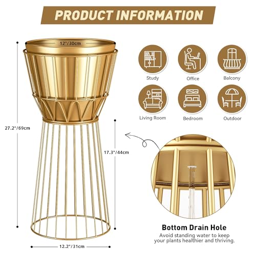 Metal Plant Stand with Pot, 12", Gold | Height 27", Tall Decorative Holder, Indoor Use, Modern Flower Potted Rack, Corner Display