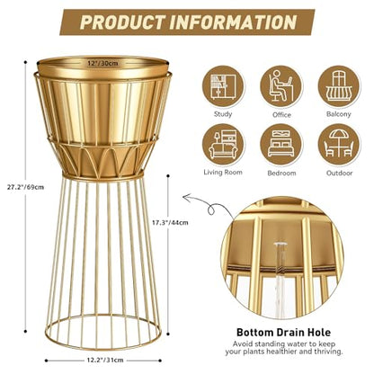 Metal Plant Stand with Pot, 12", Gold | Height 27", Tall Decorative Holder, Indoor Use, Modern Flower Potted Rack, Corner Display