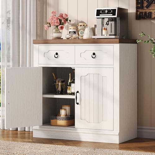 LIKIMIO Buffet Cabinet with 2 Drawers, 32" Sideboard Buffet Storage Cabinet with Doors and Shelves, Farmhouse Coffee Bar Station Kitchen Cabinet for Dining Room, Living Room, Entryway, White