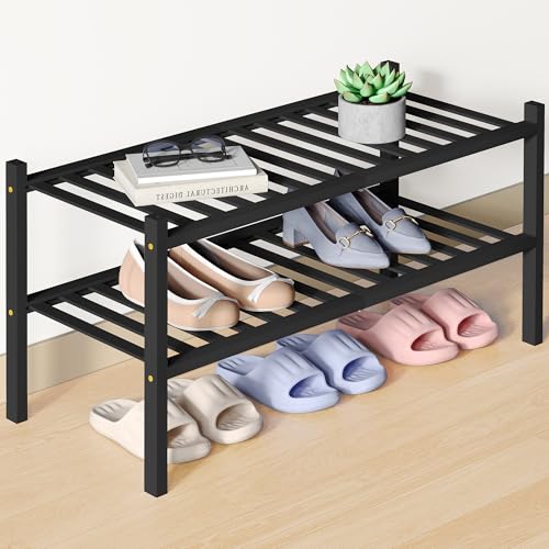 Smiry Bamboo Shoe Rack for Closet, 2 Tier Wooden Shoe Organizer, Stackable Wood Shoe Storage Shelf for Entryway, 14 Vertical Slats, One-piece Heavy-Duty Legs, 26.77"x11.02"x12.99", Black - color: Black, size: 2 Tier - Medium