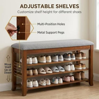 Solid Wood Shoe Bench, 47.2'' Shoe Rack for Entryway Storage | 550 lbs Max Load, Flip-Top Soft-Close Lid, Adjustable Shelves, Cushioned Entryway Shoe Rack Organizer, Tool-free Assembly - size: 47.2''