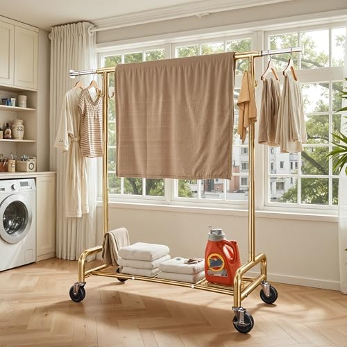 Raybee 75" W Heavy Duty Clothes Rack Load 450 LBS, Metal Garment Storage with Shelf, Lockable Wheels & Anti-Slip Stoppers, Rolling Clothing Rack for Bedroom Laundry Room, Gold - color: Gold, style: Rod Shelf