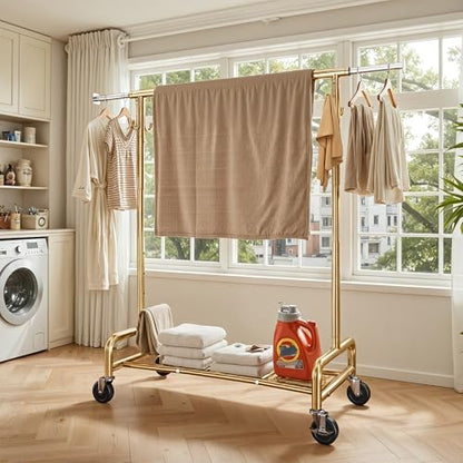 Raybee 75" W Heavy Duty Clothes Rack Load 450 LBS, Metal Garment Storage with Shelf, Lockable Wheels & Anti-Slip Stoppers, Rolling Clothing Rack for Bedroom Laundry Room, Gold - color: Gold, style: Rod Shelf