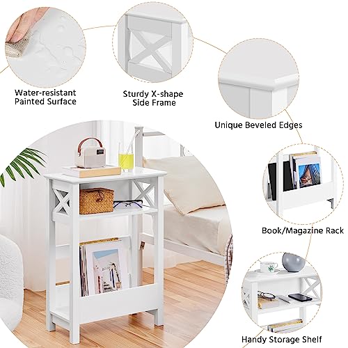 Yaheetech Small Side Table with Storage Shelf, 3-Tier Slim X Shaped End Table with Magazine Rack, Living Room Home Office Balcony Small Spaces, Effortless Assembly, White
