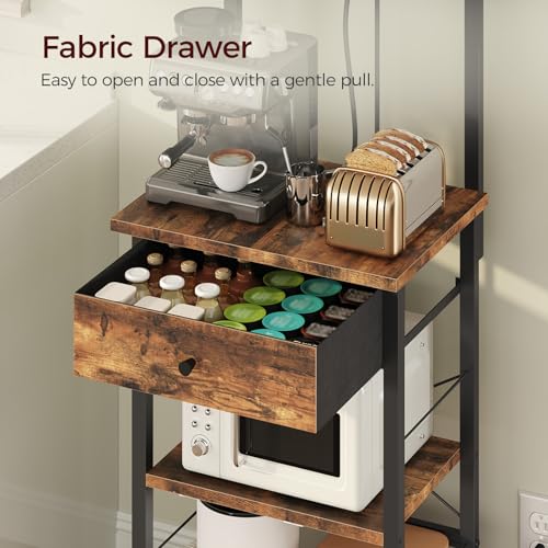 MAHANCRIS Bakers Rack with Drawer, Microwave Stand with Power Outlet, Coffee Bar Station with 4 Hooks, Kitchen Storage Shelf Rack 4 Tiers, for Kitchen, Dining Room, Rustic Brown and Black BRHR48E01 - color: Rustic Brown and Black