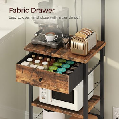 MAHANCRIS Bakers Rack with Drawer, Microwave Stand with Power Outlet, Coffee Bar Station with 4 Hooks, Kitchen Storage Shelf Rack 4 Tiers, for Kitchen, Dining Room, Rustic Brown and Black BRHR48E01 - color: Rustic Brown and Black