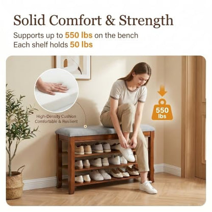 Solid Wood Shoe Bench with Storage, Flip-Top Soft-Close Lid, Adjustable Shelves, Cushioned Entryway Shoe Rack Organizer, 31.5” - size: 31.5"