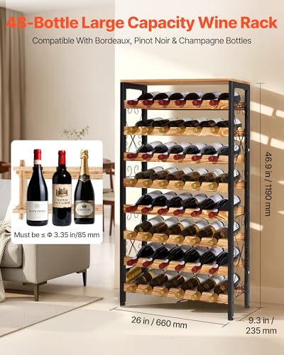 VEVOR 48 Bottle Wine Rack,8-Tier Iron Wine Bottle Holder with Wood Table Top,Freestanding Floor Display Wine Storage Shelves,for Kitchen Pantry, Cellar, Bar, Dining Room,26''L X 9.3''W X 46.9''H - size: 48 Bottles