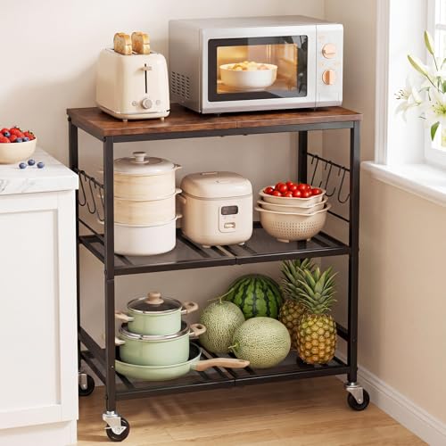 Rolling Kitchen Microwave Cart, 3-Tier Cart with Lockable Casters, 6 S Hooks for Towels, Rolling Kitchen Storage Rack, Space Saving Stand for Small Kitchen, Apartment, Coffee Bar - color: Black