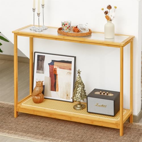 Bamboo Narrow Console Table, 39.4"(L) Wood Small Entryway Table with Rattan and Glass, Accent Slim Hallway Tables, Thin Sofa Side Tables for Hallway, Living Room, Foyer, Burlywood - color: Burlywood 39.4"(l)