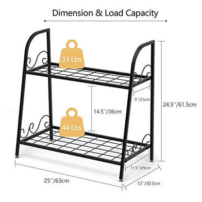 Giantex 2 Tier Metal Plant Stand, Indoor Outdoor Plant Shelf, Flower Rack Display Shelf, Flower Pots Holder with Adjustable Feet for Garden, Balcony, Living Room (2-tier (25'' x 12'' x 24.5''))