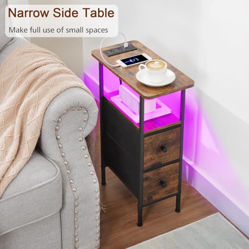 LOAKEKEL Narrow Nightstand with Charging Station, End Tables Living Room Set of 2, Skinny Side Table with Fabric Drawers, Small Sofa Table with LED Light for Bedroom, Brown, HETNDP02LBR - color: Rustic Brown + Black, style: Power + Light