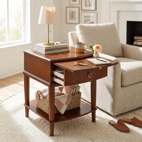 Traditional Wood End Table with Drawer and Pull-Out Divider | Hardwood Beside Table with Storage Shelf, Vintage Sofa Chair Side Table Nightstand for Living Room Bedroom, Cherry Brown - size: 22.8" Wood End Table