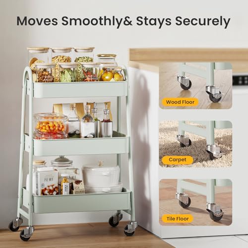 DUMOS 3 Tiers Metal Rolling Utility Cart with Lockable Wheels, Mobile Storage Organizer, Utility Shelving Unit for Kitchen, Office, Bathroom, Laundry, Narrow Places, Light Green - color: 3-tier Green