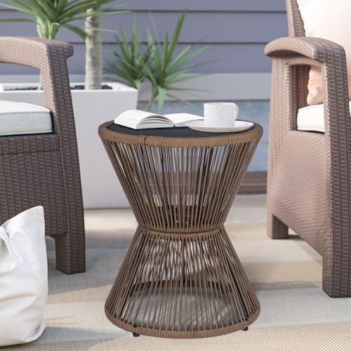 SUNNYPARK Small Outdoor Side End Table Modern Hourglass Style 20" H | Tempered Glass Top, Hand-Woven Rope, Easy Assembly, All Weather, Round Accent Table for Coffee Patio Balcony Poolside - color: Brown