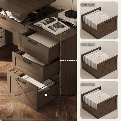 Farmhouse Lift Top Desk: Rustic Wood Standing Desk with 3 Drawers & Open Storage Shelves, Adjustable Height, White & Brown Home Office Computer Desk for Work, Study, Writing (Natural Walnut) - color: Natural Walnut