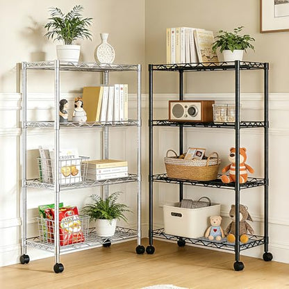 4-Tier Wire Shelf Metal Rack, Narrow Wire Shelving Unit, Small Wire Shelf | 17.3"Wx11.4"Dx44.3"H,Height Adjustable Storage Pantry Shelves with Lockable Wheels for Kitchen Office,Bathroom Small Spaces - color: 4-tier Chrome-17.3"x11.4" X44.3"(wxdxh)