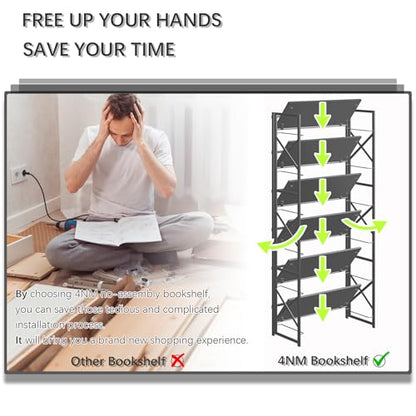 4NM 6 Tiers No Assembly Book Shelves, 61.8" H Folding Bookshelf Bookcase Open Industrial Foldable Shelves for Bedroom, Living Room, Home Office - All Black - color: All Black, size: XX 6-Tier