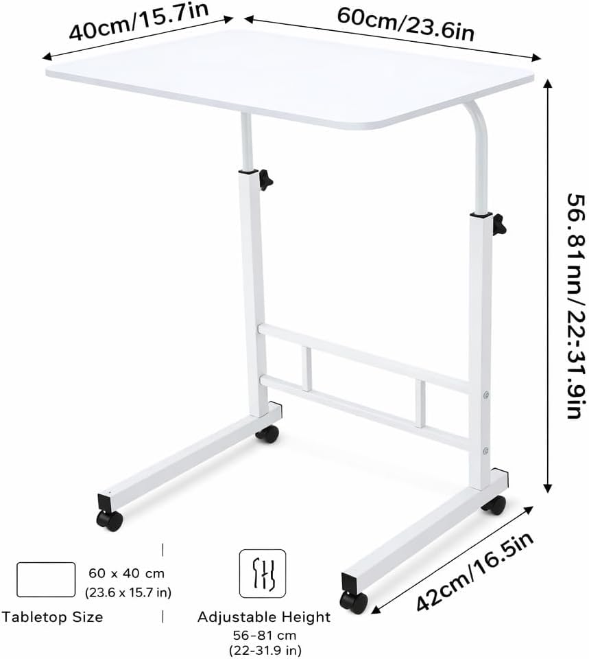 Mobile Standing Desk Adjustable Height for Laptop – Small Rolling Desk & Portable Table on Wheels – Small Standing Table with Wheels for Home Office (White) - color: White
