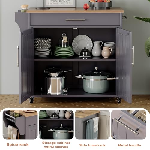 Kitchen Island with Storage, Wooden Countertop Rolling Kitchen Island On Wheels Storage Cabinet, Mobile Kitchen Island Cart with Towel Rack, Spice Rack and Drawers, Grey - color: Grey