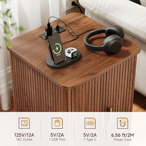 ONBRILL Square End Table with Charging Station, Fluted Storage Nightstand | Mid-Century Modern Accent Side Table with Sliding Door & Sturdy Pedestal, for Small Space, Living Room, Bedroom, Walnut - color: Walnut