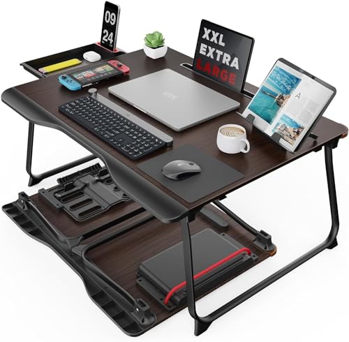 SAIJI Laptop Desk for Bed, XX-Large Foldable Bed Tray Table, 25.6" x 19.3" | Laptop Table for Eating Breakfast, Writing Working Gaming Drawing with Storage Drawer, Bookstand, Tablet Stand, Black Cherry - color: Black Cherry