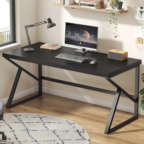HSH Black Computer Desk, Long Home Office Laptop PC Desk, Large Industrial Metal Wood Executive Writing Gaming Workstation Desk, Modern Simple Student Study Work Table for Bedroom Living Room, 60 Inch - color: Black Oak, size: 60 Inch