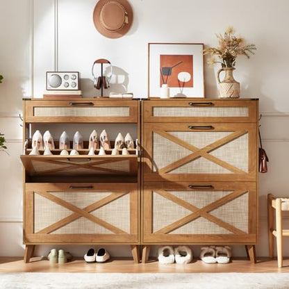 LEYAOYAO Shoe Cabinet Storage for Entryway with 2 Flip Drawers Rack Narrow Organizer Slim Hidden Wood Shoe Cabinet Furniture Tea Brown - color: Tea Brown