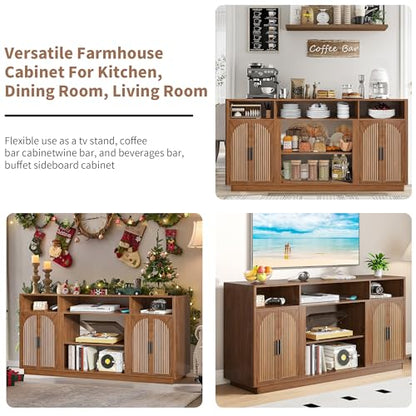 59'' Fluted TV Stands for Living Room, Modern Entertainment Center with Storage, TV Stand for TVs up to 65 Inch with Adjust Shelves, Wooden Media Console Table (Walnut, Without Fireplace) - size: Without Fireplace