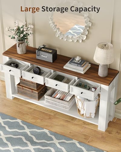 FUSOU 63 Inch Console Table, Sofa Table Behind Couch, Entryway Table with 4 Drawers & Open Shelf, Farmhouse Sofa Table for Living Room (White) - color: White
