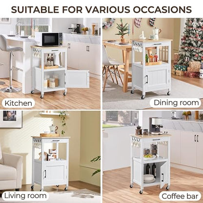 Yaheetech Kitchen Island Cart with Storage, Rolling Kitchen Island on Wheels with 6 Side Hooks, Wood Top Microwave Cart with Drawer for Dining Room, White - color: White