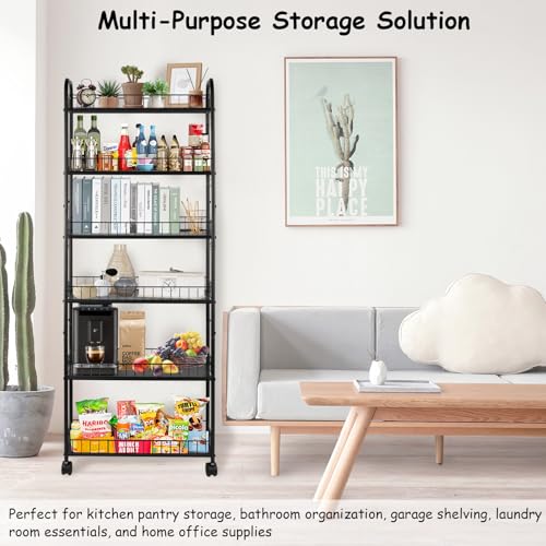6-Tier Slim Rolling Storage Cart with Wheels, Tall Narrow Storage Shelves for Small Spaces, Metal Utility Cart Mobile Shelving Unit on Wheels for Kitchen, Bathroom, Office - size: 6 in Wide