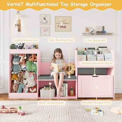 VontinT 68.9"W Kids Toy Storage Reading Nook with Bookshelf & Drawer,Wooden | 3 Tiered Bookshelf, Rolling Box with Building Baseplate Play Lid for Lego, 122L Stuffed Holder, Bench&Cushion for Kids, Pink - color: Pink