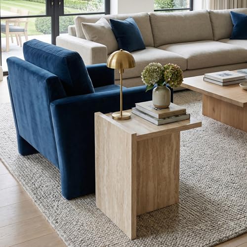 Modern End Table with Faux Travertine Finish Top, Natural Beige Wood Side Table, Space-Saving Sofa Table, Small Accent Nightstand Table for Living Room, Bedroom, Small Apartment Space - color: Beige