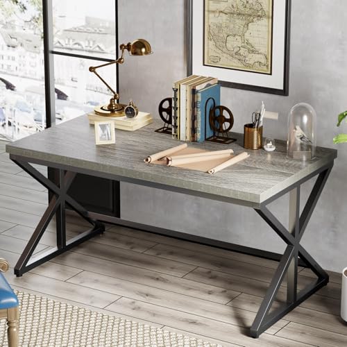 60” Grey Computer Office Desk, Modern Large Gray Office Desk for Home | Industrial Long Wood Metal Pc Work Writing Desks, Farmhouse Simple Study Executive Computer Table with Storage, Light Grey - color: Light Grey Oak, size: 60 Inch