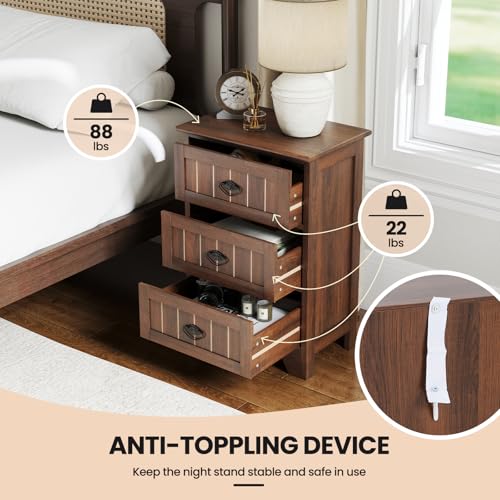Giantex Nightstand with 3 Drawers, Bedside Table with Exquisite Metal Handles, Accent Table Sofa Side Table with Anti-toppling Device for Bedroom, Study, Walnut - color: Walnut