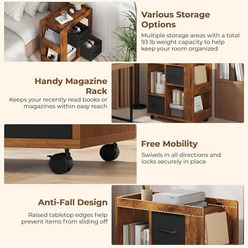 Yaheetech Narrow Side Table with Storage, Wooden Rolling Nightstand Bedside Table with Wheels, Magazine Racks and Open Shelves, End Table with Drawers for Living Room Bedroom, Rustic Brown - color: Rustic Brown