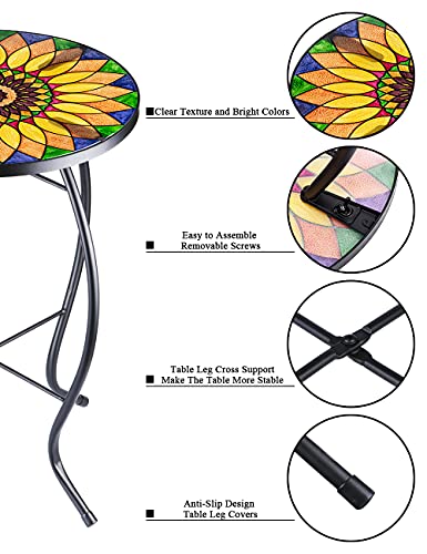 VCUTEKA Sunflower Outdoor Side Table, Mosaic Design, Small Glass Top, Round, Patio Side Table, Balcony Coffee Table, Indoor, 14 inches, Yellow - color: Yellow
