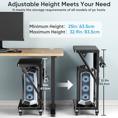 POKIPO Computer Tower Stand with Charge Station and USB Port,Pc CPU Holder Cart for Floor Carpet with Wheels,Heavy Duty Metal,Adjustable Height,Rolling Pc Printer Desktop Under Desk for Home Office