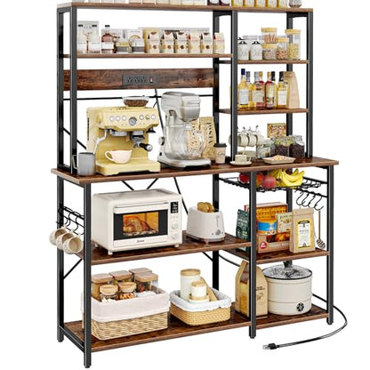 SUPERJARE Larger Bakers Rack with Power Outlets, 6-Tier Microwave Stand, Coffee Bar with 12 S-Shaped Hooks, Kitchen Shelf with Wire Basket, 47.2 x 15.5X 66.9 Inches, Rustic Brown - color: Rustic Brown, size: 47.2inch