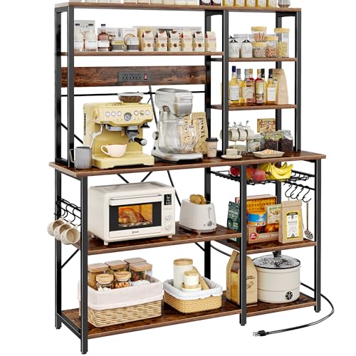 SUPERJARE Larger Bakers Rack with Power Outlets, 6-Tier Microwave Stand, Coffee Bar with 12 S-Shaped Hooks, Kitchen Shelf with Wire Basket, 47.2 x 15.5X 66.9 Inches, Rustic Brown - color: Rustic Brown, size: 47.2inch