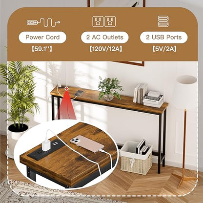 FAMIDGE Charging Console Table with Outlet 36 Inch Tall Narrow Sofa Table One-Piece Top Behind Couch Table 2 USB 2 AC for Entryway Hallway, Living Room, Rustic Brown - color: Brown