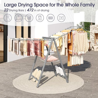 Clothes Drying Rack, 67.7" L Height Adjustable, Foldable, Grey | 1.5"Folded, No Assembly, Space-Saving, Spacious Design, Adjustable Wings, Clips, Mesh Shelf, Shoe Rack, Indoor & Outdoor Use - color: Gray